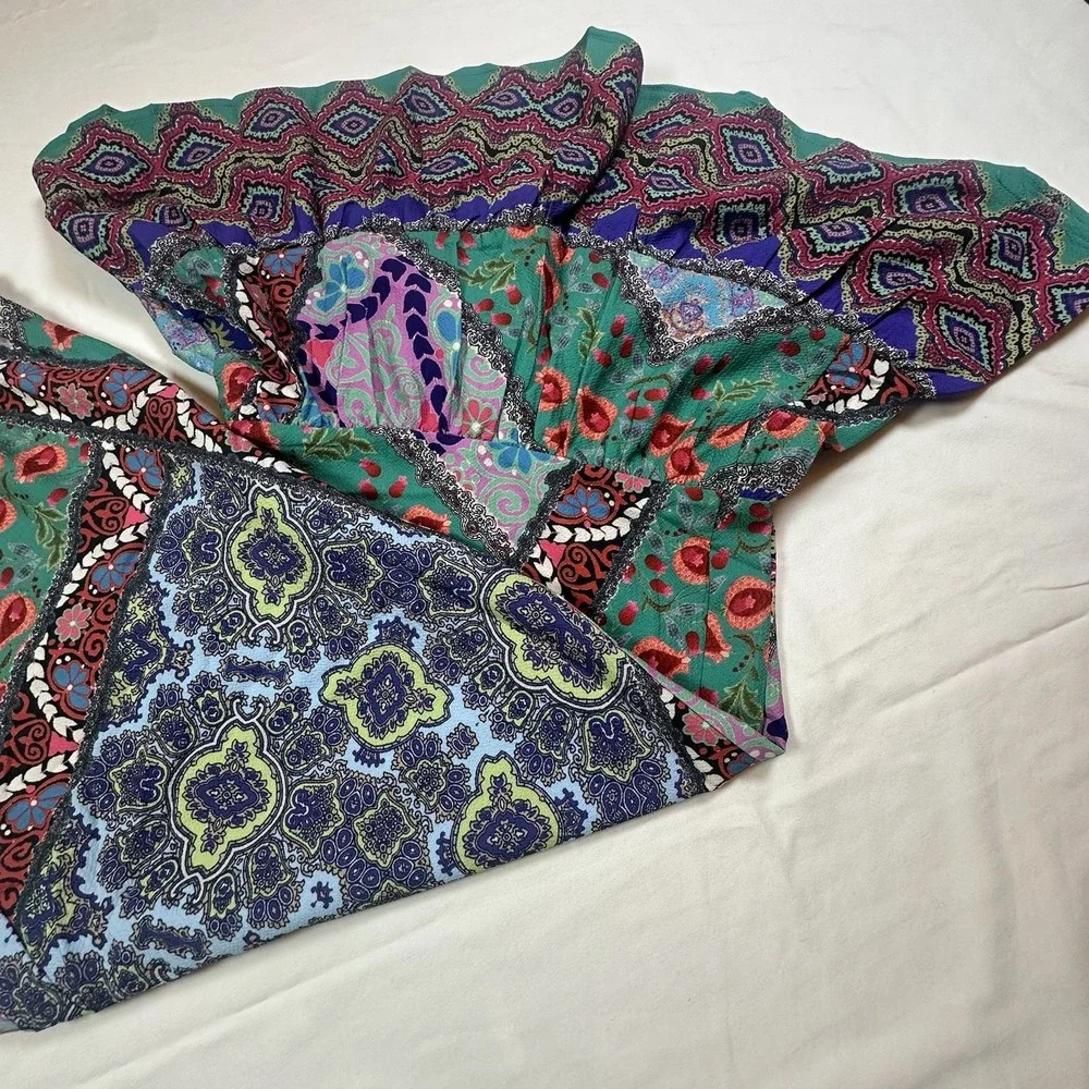Umgee Patchwork Wide Legs Ruffle Hem Boho Festival Hippie Women's Pants Size M - Picture 3 of 12
